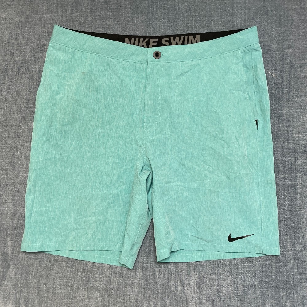 Nike Swim Board Shorts 38 Aqua Green Swoosh Logo Flat Front Slash Pockets Summer